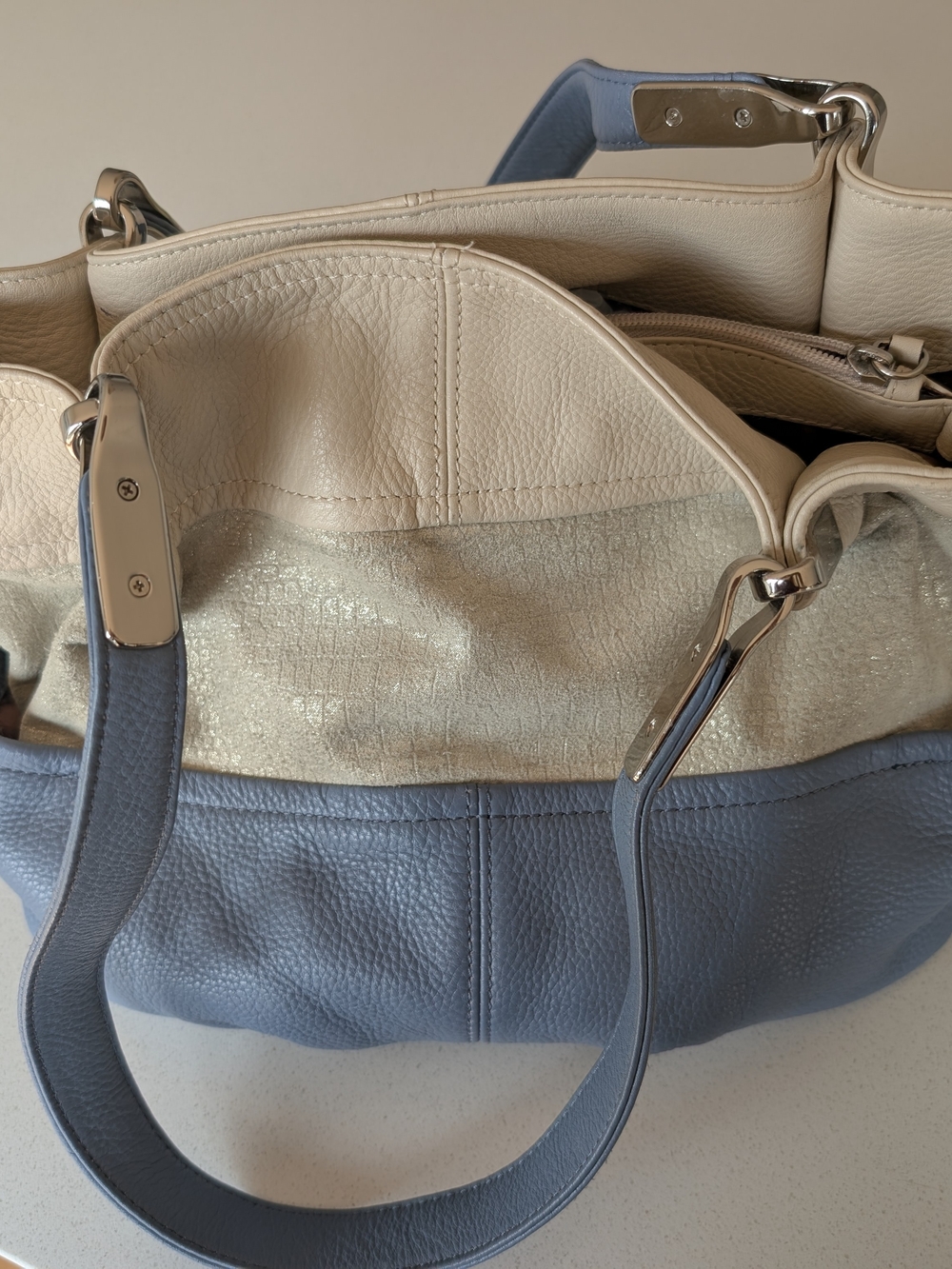 Two-Tone Cream and Light Blue Leather Tote Bag